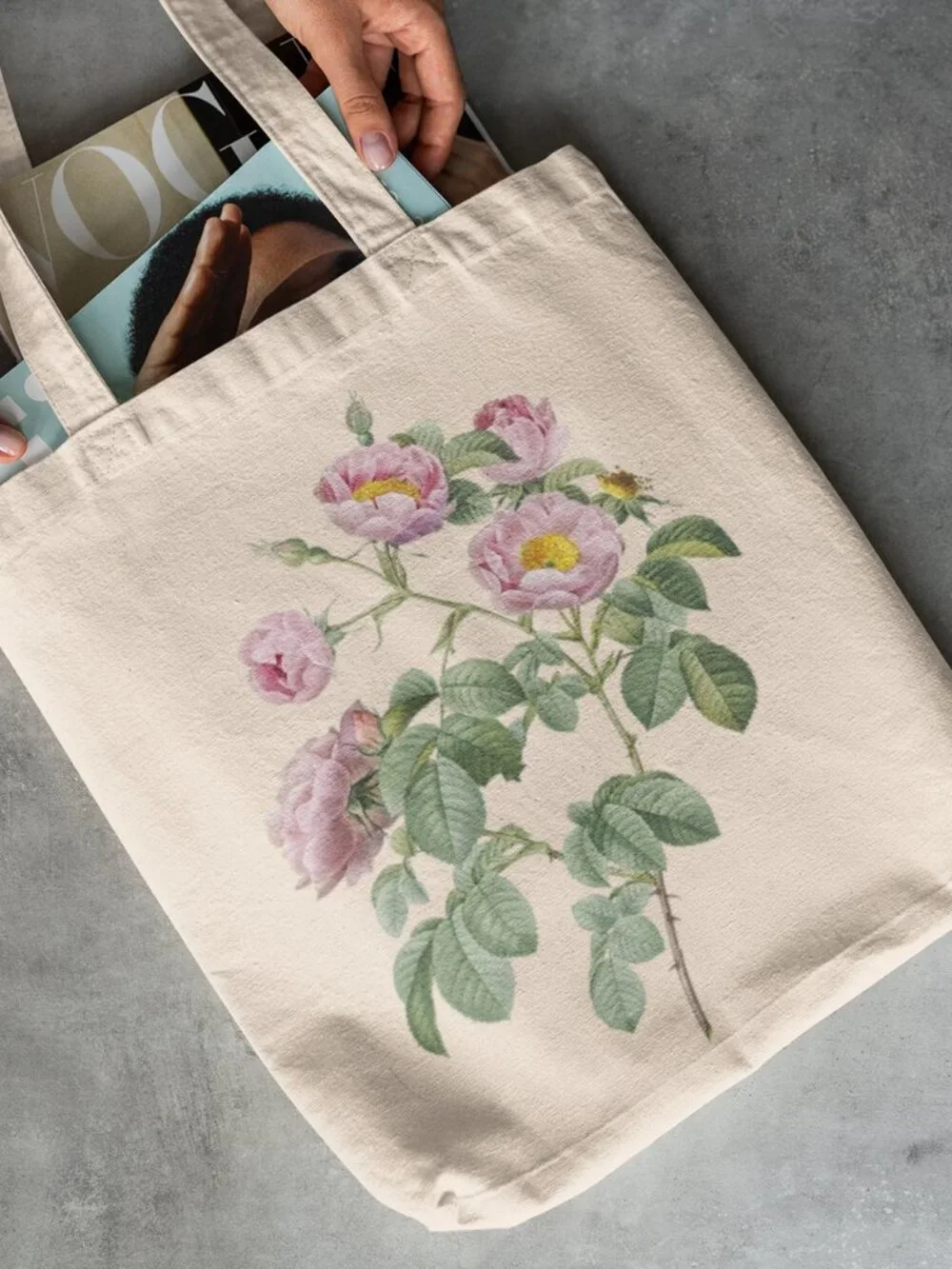 Tomentose Rose Vintage Floral Print Graphic Canvas Tote Bag